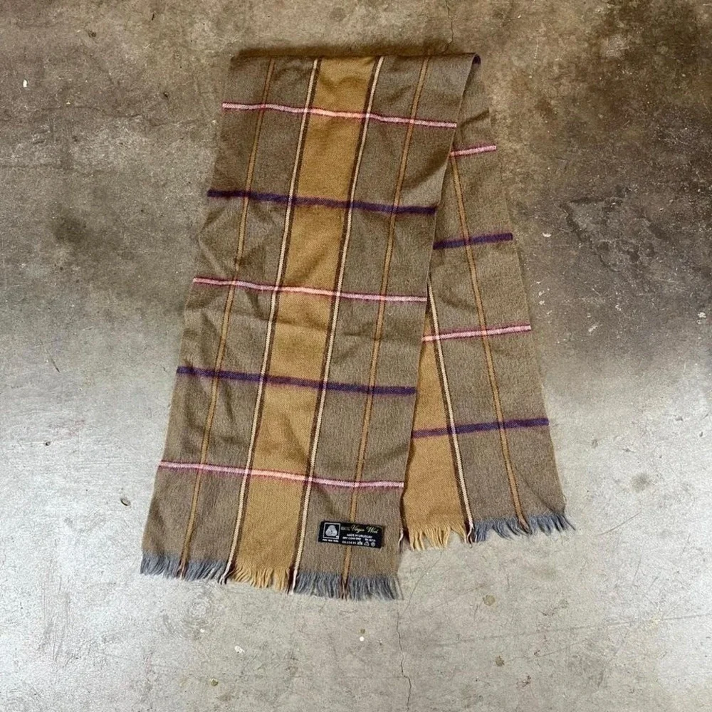 Pure new wool vintage 80s‎ Brown scarf with pink and purple stripes